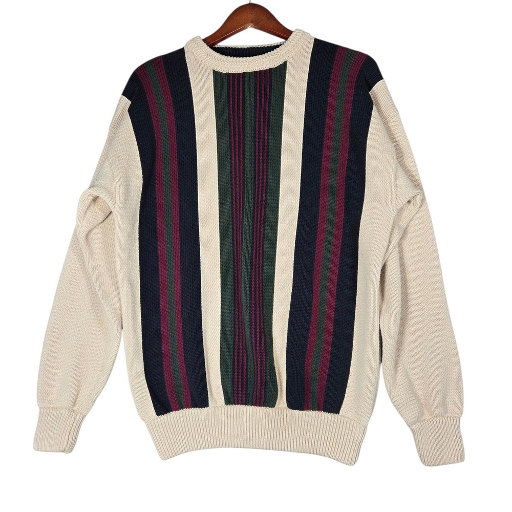 Vintage 90s Woods & Gray Mens M Cotton Sweater Striped Crewneck Preppy Knit